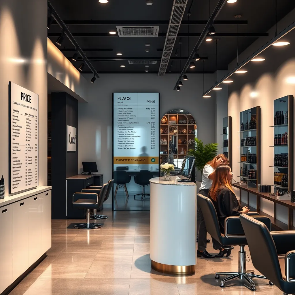 A sleek, modern salon interior with a reception area featuring a price list displayed prominently. The image should also include a stylist expertly working on a client's hair, showcasing the salon's high-quality services and professional atmosphere.