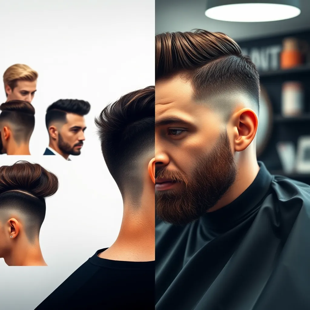 A split-screen image showing a variety of hairstyles on one side, from classic to trendy, and a close-up shot of a man discussing his desired haircut with his barber on the other side. The image should showcase the diversity of styles and the importance of communication between the barber and client.
