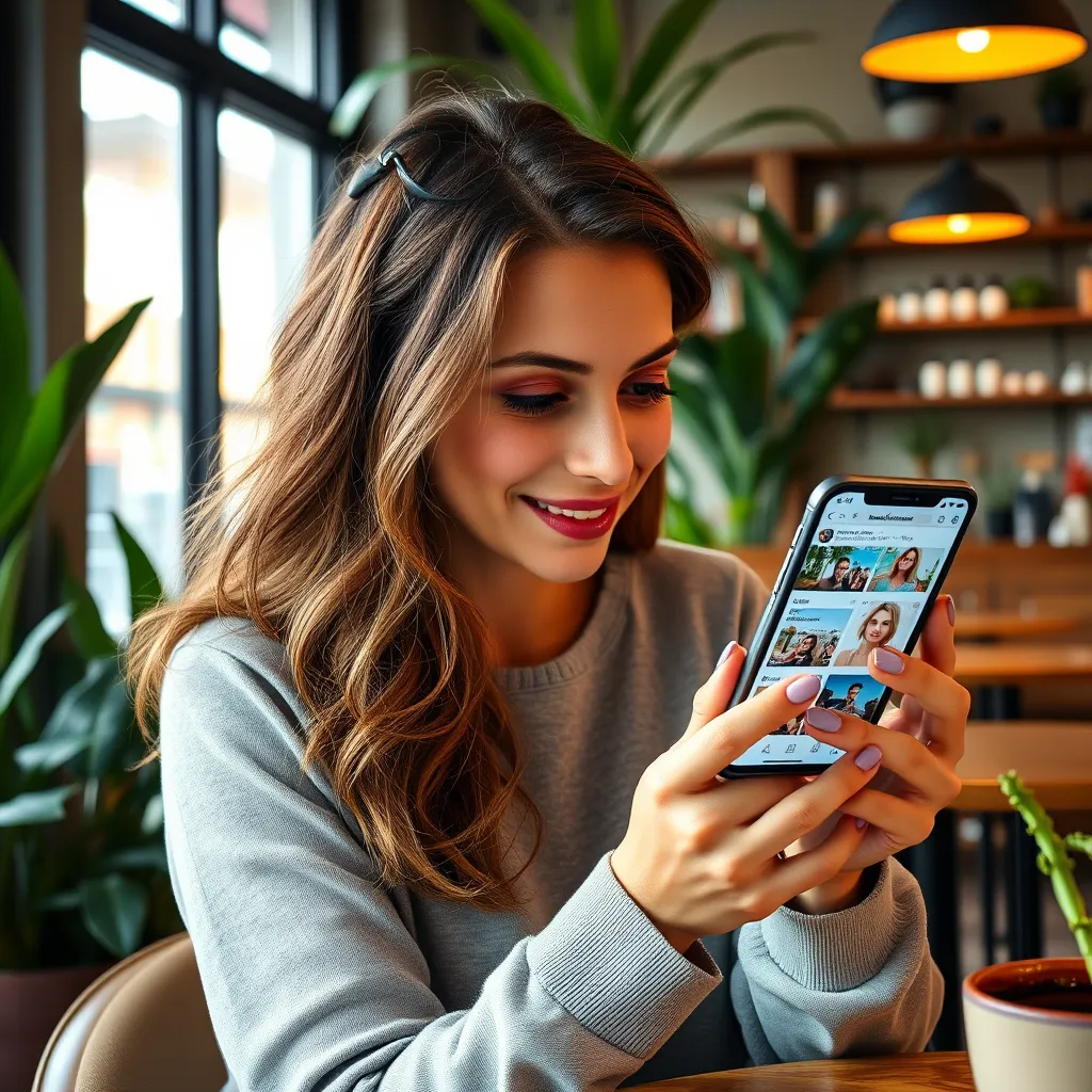 A vibrant, colorful image of a woman scrolling through a smartphone, researching hair salons online. She is sitting in a cozy coffee shop, surrounded by plants and natural light. The phone's screen displays various salon websites, reviews, and social media posts, showcasing the variety of options available. The woman's expression is one of curiosity and excitement, as she discovers new salons and styles. The image should exude a sense of adventure and discovery, capturing the excitement of finding the perfect salon. Render in 8K resolution with ultra-realistic detail, incorporating a playful and vibrant color palette.
