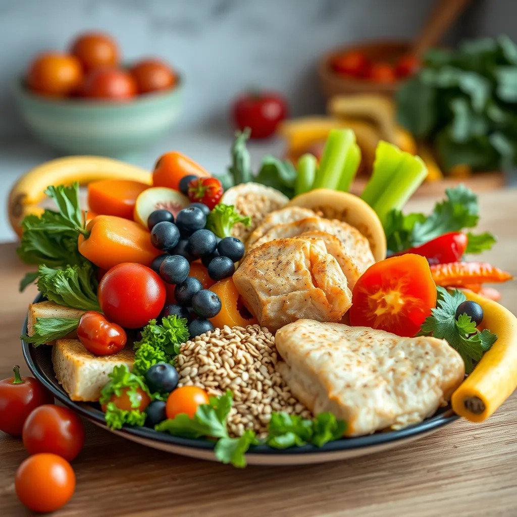 A vibrant, colorful plate filled with various fruits, vegetables, lean protein, and whole grains. The food items are arranged aesthetically, emphasizing the balanced composition of a healthy diet. The background is a soft, blurred image of a kitchen counter with fresh produce in the background, suggesting a home-cooked meal.
