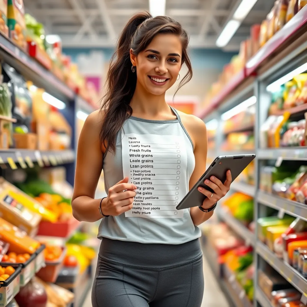 A vibrant and visually appealing image of a woman in her 30s, dressed in comfortable workout clothes, standing in a well-lit supermarket aisle. She is holding a digital tablet, which displays a neatly organized grocery list. The list features a variety of fresh fruits, vegetables, whole grains, lean proteins, and healthy snacks. The woman is smiling, looking confident and excited to shop for healthy foods. The supermarket setting is bright and airy, with shelves stocked with colorful and appealing products. The lighting is natural and well-balanced, highlighting the vibrant colors and textures of the groceries. The image should convey a sense of healthy living and informed food choices. Render this image in 8K resolution with exceptional attention to detail, highlighting the realistic textures and colors of the grocery items.