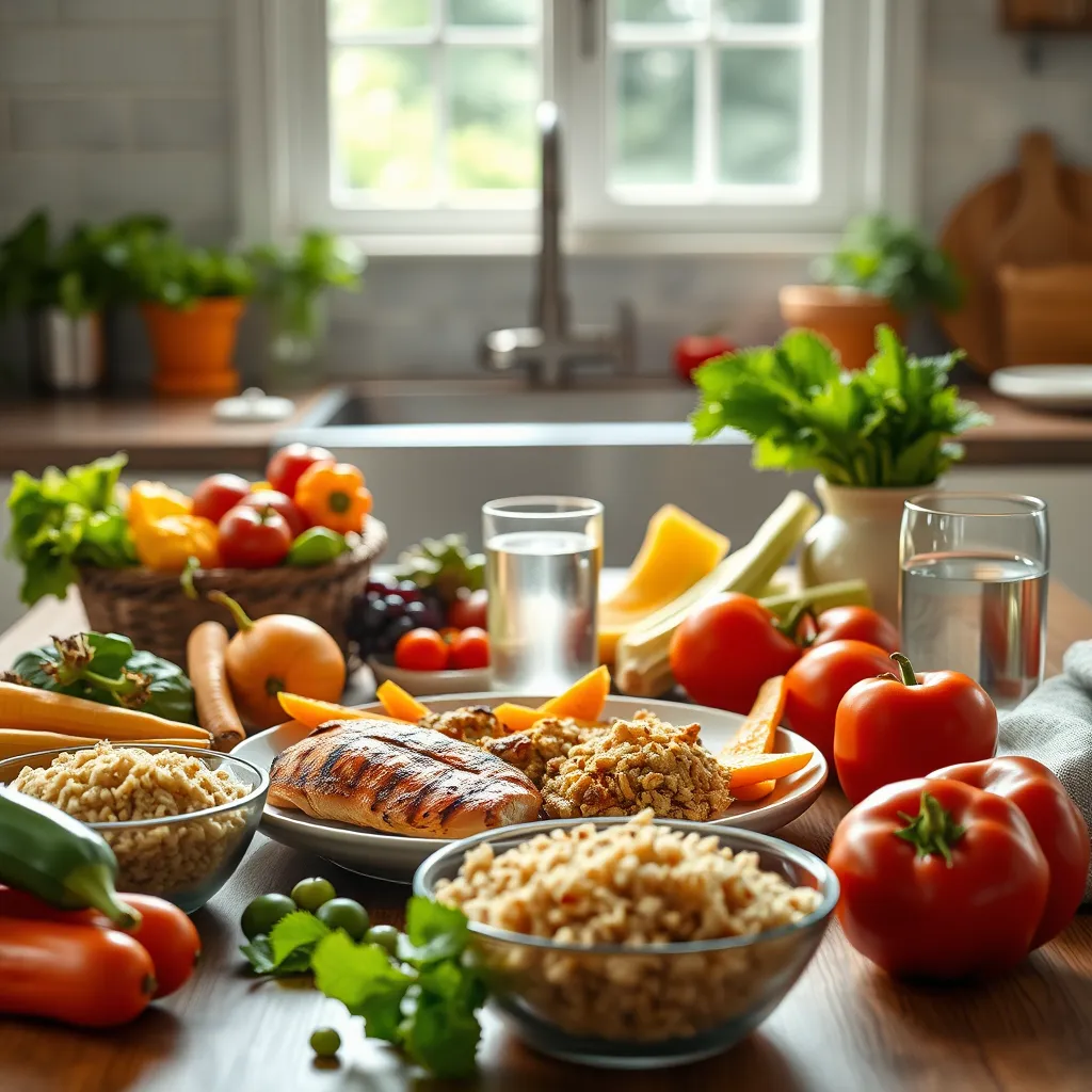 A vibrant table spread with colorful fruits and vegetables, lean grilled chicken, a bowl of brown rice, and a glass of water. The setting should be a bright, inviting kitchen with natural light, emphasizing healthy and wholesome food choices.
