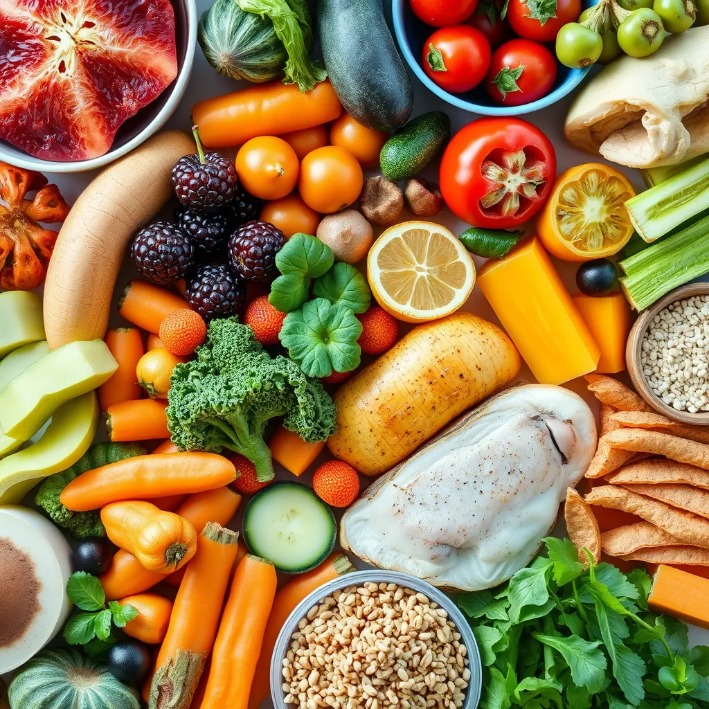 A visually appealing image of a colorful and diverse spread of healthy food.  Include fruits, vegetables, lean protein sources like chicken or fish, and whole grains. The image should be bright and inviting, with a focus on the variety and appeal of healthy eating.