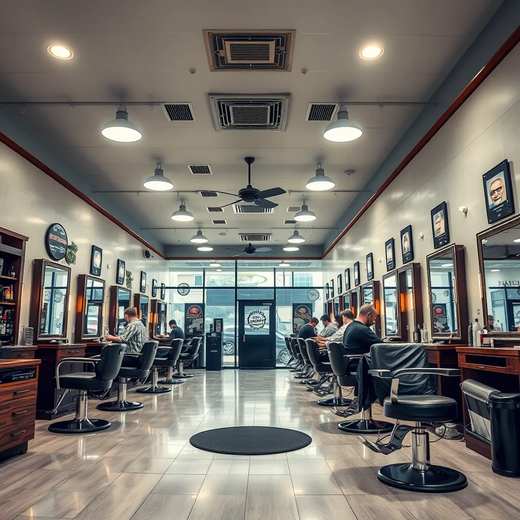 A wide shot of a barber shop, featuring clean and modern interior design, with multiple barbers working on customers, showcasing a welcoming and professional environment.