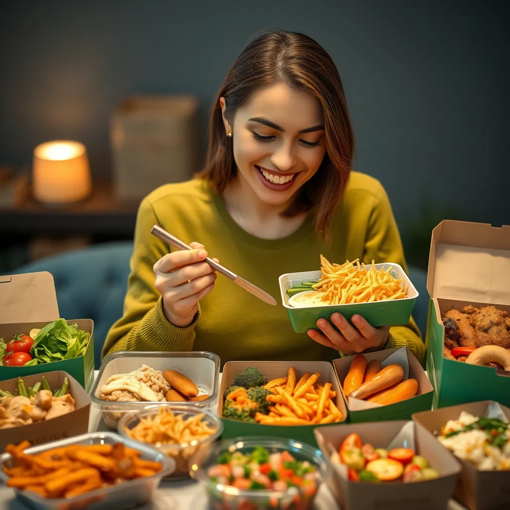 A woman enjoying a healthy, pre-portioned meal delivered in eco-friendly packaging, surrounded by various other ready-to-eat meals. The image should highlight the convenience and variety offered by these services.