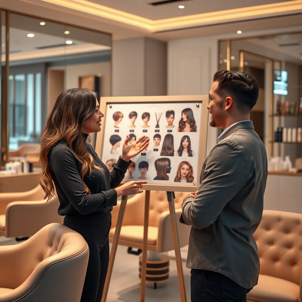 An image of a friendly and professional stylist, engaging in a conversation with a client in a luxurious salon setting. The stylist is gesturing towards a hair style board, showcasing various cuts, colors, and treatments. The client is attentively listening, with a look of trust and excitement on their face. The salon interior is elegant and sophisticated, featuring plush seating, soft lighting, and high-end hair products. The scene should convey a sense of trust, expertise, and personalized attention. Render in 8K resolution with hyperrealistic detail, capturing the warm and inviting atmosphere of a high-end salon.