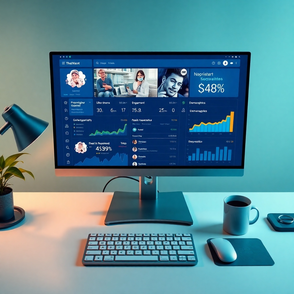 An ultra-high-definition (8K), hyperrealistic image depicting a social media dashboard showing a highly successful meme.  Soft, diffused lighting creates a clean, professional aesthetic. The color palette is a blend of cool blues and greens, symbolizing technology and growth, contrasted with bright accents representing the meme's popularity. The camera angle is a direct overhead shot, showcasing the dashboard's key metrics. The scene includes a large monitor displaying a variety of social media platforms with the meme achieving high engagement (likes, shares, comments).  The meme is clearly visible and appealing. The dashboard shows clear, easy-to-understand analytics such as reach, engagement, and demographics.  The texture and materials include the smooth glass of the monitor and the metallic surfaces of the computer peripherals. The background is a clean, modern workspace with subtle details suggesting a professional marketing environment.  The style should be clean and sharp, reminiscent of a high-tech startup office.  Props include a keyboard, mouse, and a coffee cup, all carefully placed and realistic.