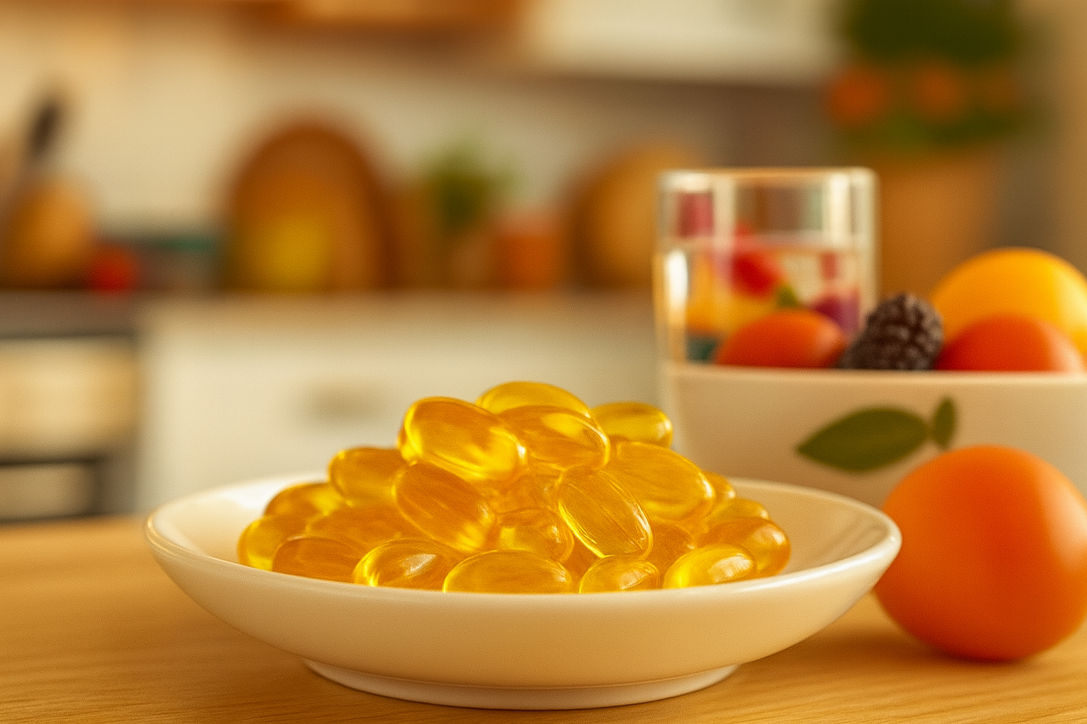 A stylized image depicting the fusion of food products and pharmaceuticals, featuring a dynamic overlay of colorful fruits, supplements, and beverages. The composition is vibrant, capturing the concept of synergy in a visually appealing way. Bright and contrasting colors like red, green, and gold create an eye-catching display. A low-angle camera view emphasizes the importance of these elements, surrounded by a workspace filled with health-related materials. The lighting is bright and cheerful, evoking a sense of optimism about nutrition and health. Technical specs are 4K resolution, high quality, for a captivating image.