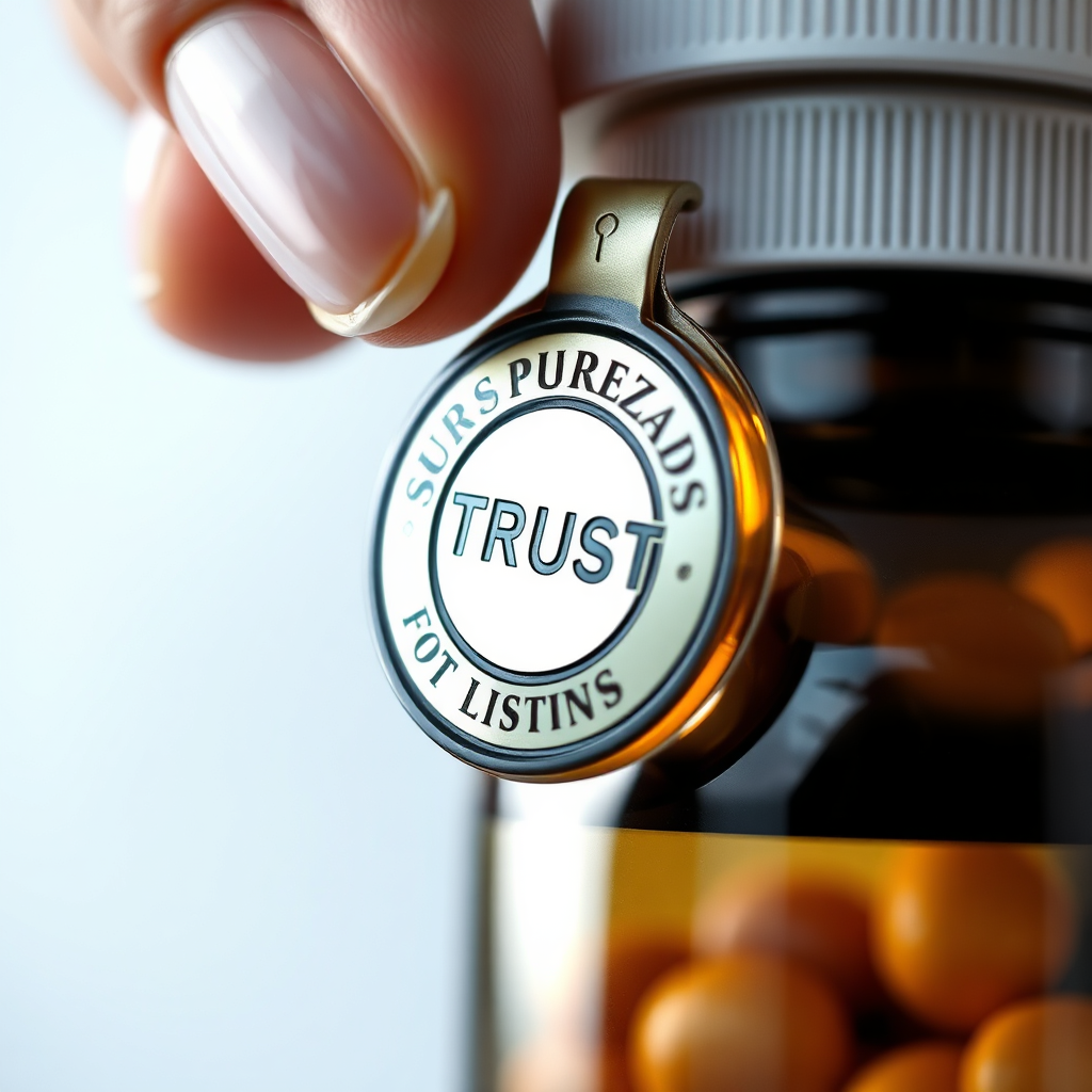 A close-up, photorealistic image of a quality seal being placed on a supplement bottle, symbolizing trust and reliability. The lighting should be crisp and clear, with a color palette that emphasizes purity and precision. The camera angle should be tight on the action to highlight the detail.