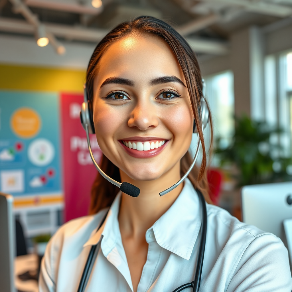 A friendly, photorealistic image showcasing a customer service representative in a bright office setting, effectively conveying approachability. The composition features a warm smile and welcoming environment, with colorful branding elements in the background. Natural lighting brightens the scene, reflecting a positive and inviting atmosphere. The camera angle is head-on, enhancing the personal connection. Relevant props may include a computer and customer service tools. Technical specs are 4K resolution, high quality for an engaging professional interaction.