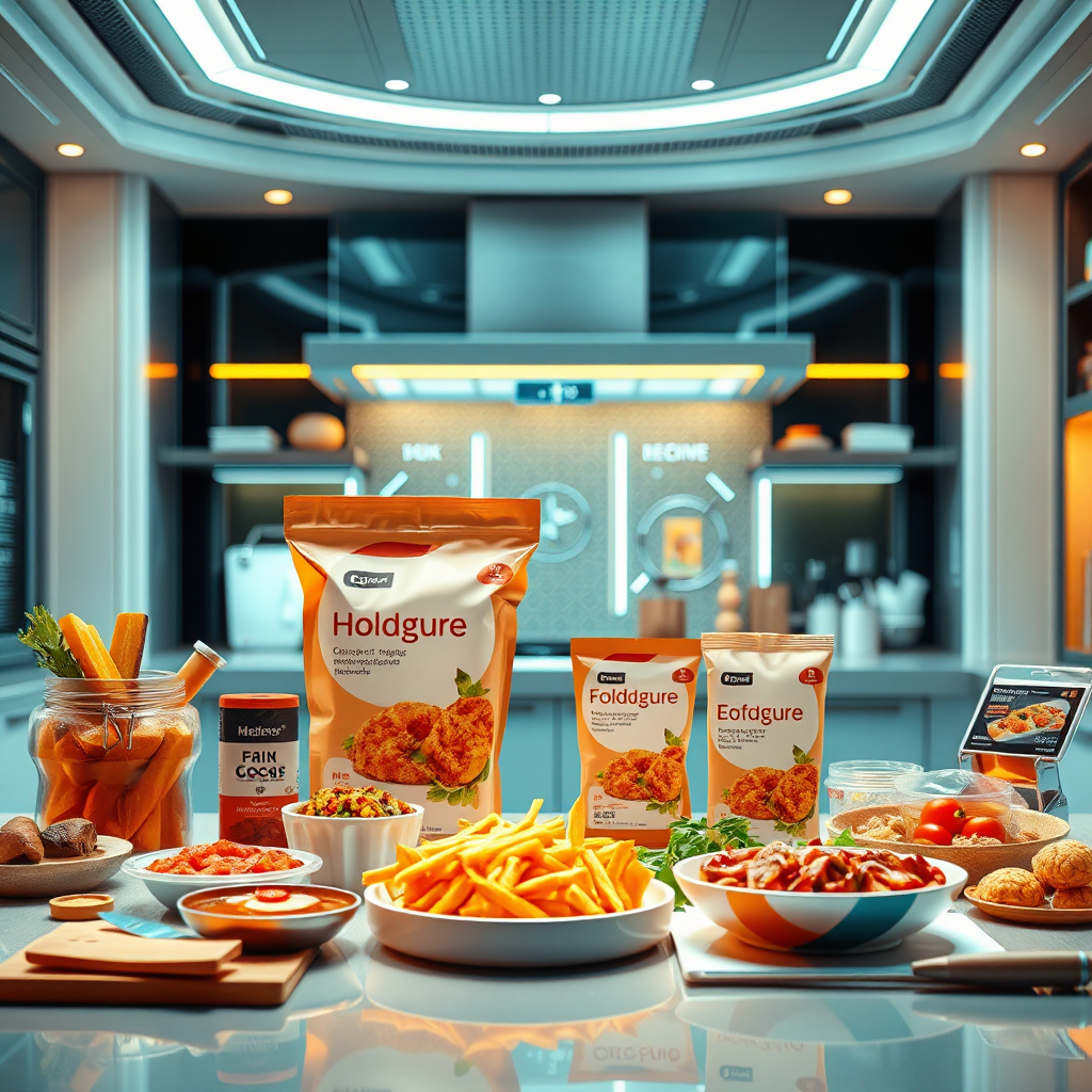 A futuristic, photorealistic representation of next-gen food solutions, with innovative food products displayed against a high-tech kitchen backdrop. The composition emphasizes sleek packaging and cutting-edge food technologies. Bright, dynamic lighting reinforces a sense of innovation, while an array of warm colors highlights the food items. The camera angle is angled slightly from below to capture the grandeur of the presentation. Relevant props might include cooking tools and digital screens featuring recipes. Technical specs are 4K resolution, high quality for a modern approach.