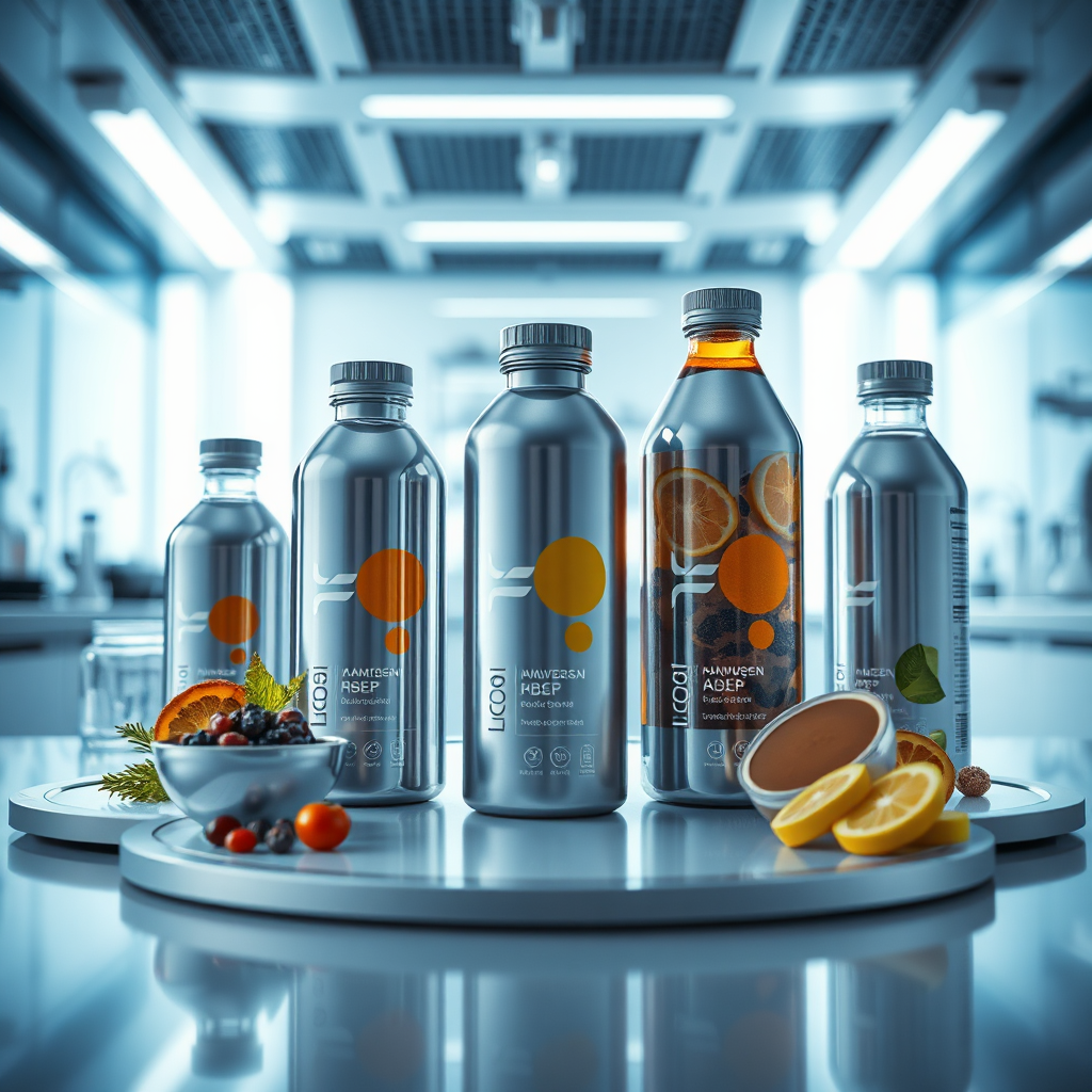 A modern, sleek image featuring innovative food products and high-tech beverage packaging on display. The composition conveys a sense of forward-thinking with a futuristic backdrop of laboratory settings. Sharp lighting creates defined shadows, while a cool color palette of blues and silvers enhances the modern aesthetic. The camera angle is front-facing, capturing the details of the packaging and ingredients. Relevant props may include lab equipment or modern kitchen gadgets, symbolizing innovation in health. Technical specs are 4K resolution, high quality, for a striking image.