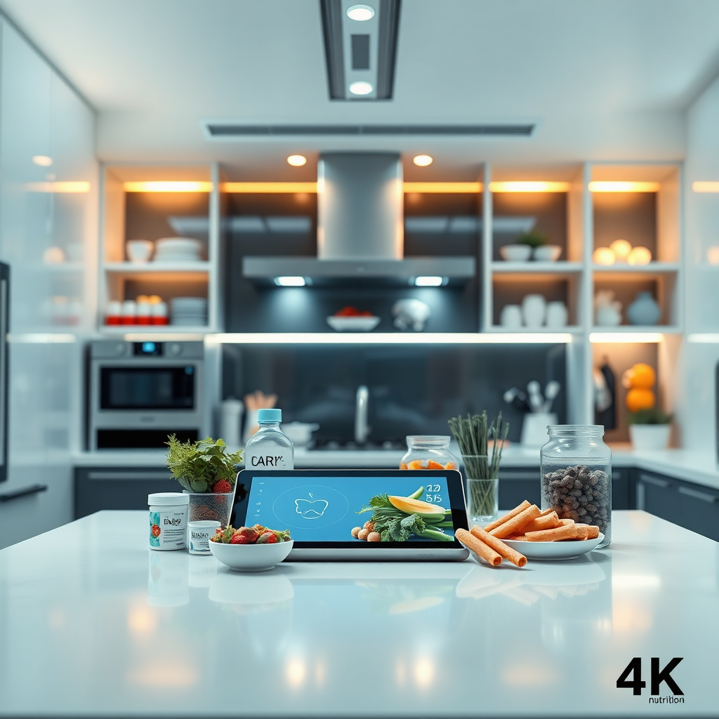 A modern, sleek visual showing state-of-the-art food products and their connection to pharmaceutical applications. The image is composed with a high-tech kitchen as the backdrop, illuminated with dimmed lighting focused on the products. A cool color palette of whites and blues contributes to a contemporary feel. The camera angle is straight-on, creating a powerful presentation of the innovative products related to health. Relevant props may include kitchen appliances and digital recipe tablets, representing the forefront of nutrition technology. Technical specs are 4K resolution, high quality for stunning presentation.