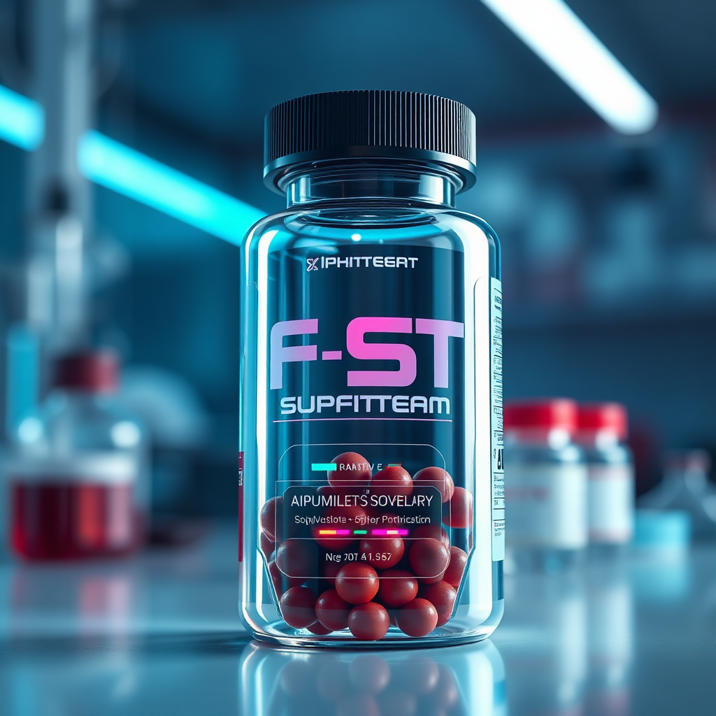 A photorealistic close-up of a futuristic supplement bottle with a high-tech design, set against a lab background. The lighting should be cool and futuristic, with a color palette that's sleek and modern. The camera angle should highlight the bottle's innovative features.