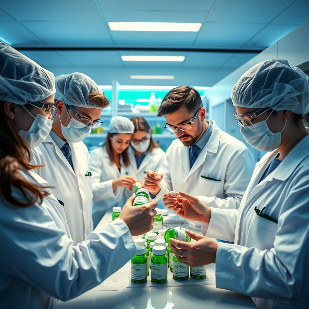 A photorealistic image depicting a team of professional pharmacists in a high-tech lab, carefully inspecting and packaging pharmaceutical supplements. The composition should emphasize teamwork and precision, with a focus on the supplements being handled. Lighting should be bright and clinical, highlighting the cleanliness and professionalism of the setting. The color palette should consist of sterile whites and blues, with accents of green to symbolize health. The camera angle should be at eye level to create a connection with the viewer. Include details like lab equipment and supplement bottles to enhance realism. Style references include professional healthcare environments. Technical specs: 4K resolution, high quality.