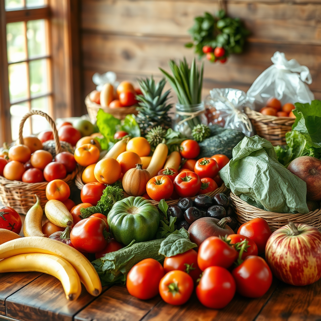 A photorealistic image displaying a diverse array of healthy food products, beautifully arranged on a rustic wooden table. The composition features vibrant colors of fruits and vegetables, reflecting freshness and quality, set in soft, natural daylight. The camera angle is slightly angled down to accentuate the depth of the array, with textures of the food on full display. Relevant props may include woven baskets filled with natural produce. Technical specs are 4K resolution, high quality for a wholesome portrayal.