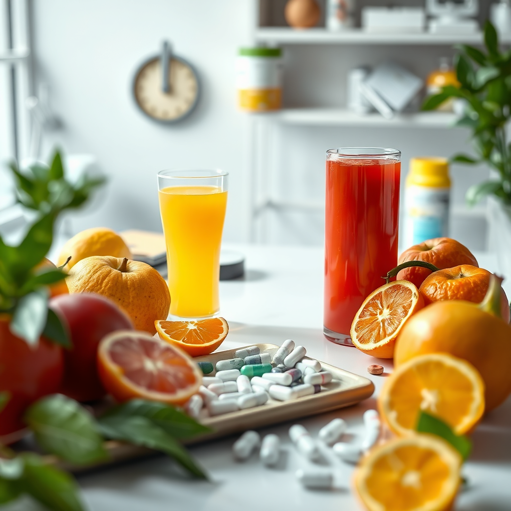 A photorealistic image featuring a nutritionist's desk with fresh fruits, drinks, and medical components like pills and capsules. The composition offers a clear view of the pleasant interaction between healthy food and pharmaceuticals. Soft, natural lighting creates an inviting feel, while vibrant colors like orange and green offer visual appeal. The camera angle is slightly elevated, focusing on the context of healthful choices supporting medical benefits. Style references might include a modern clinic or nutritionist office. Technical specs are 4K resolution, high quality for relevance.