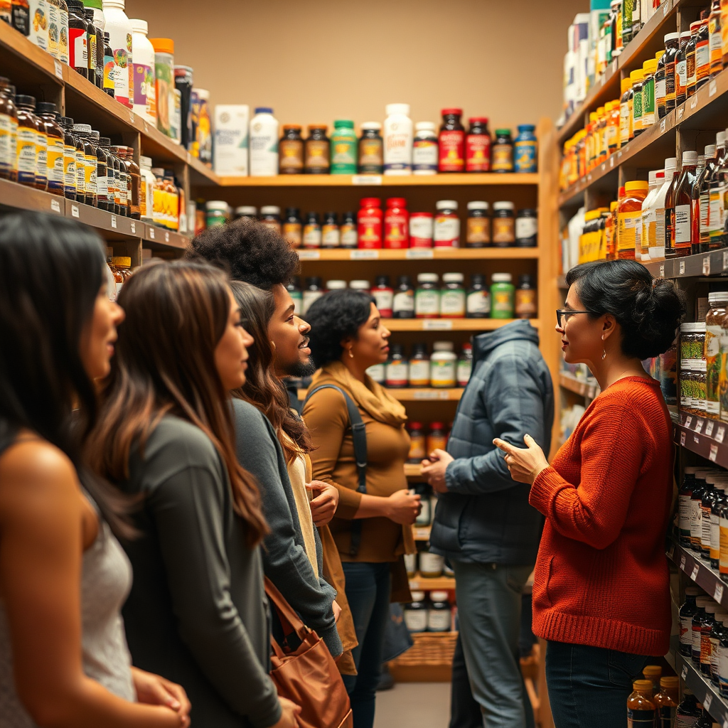 A photorealistic image of a diverse group of people selecting supplements from a well-organized shelf, with a focus on the variety and specificity of products available. The lighting should be warm and inviting, with a color palette that reflects health and vitality. The camera angle should be at shelf level to emphasize the selection process.