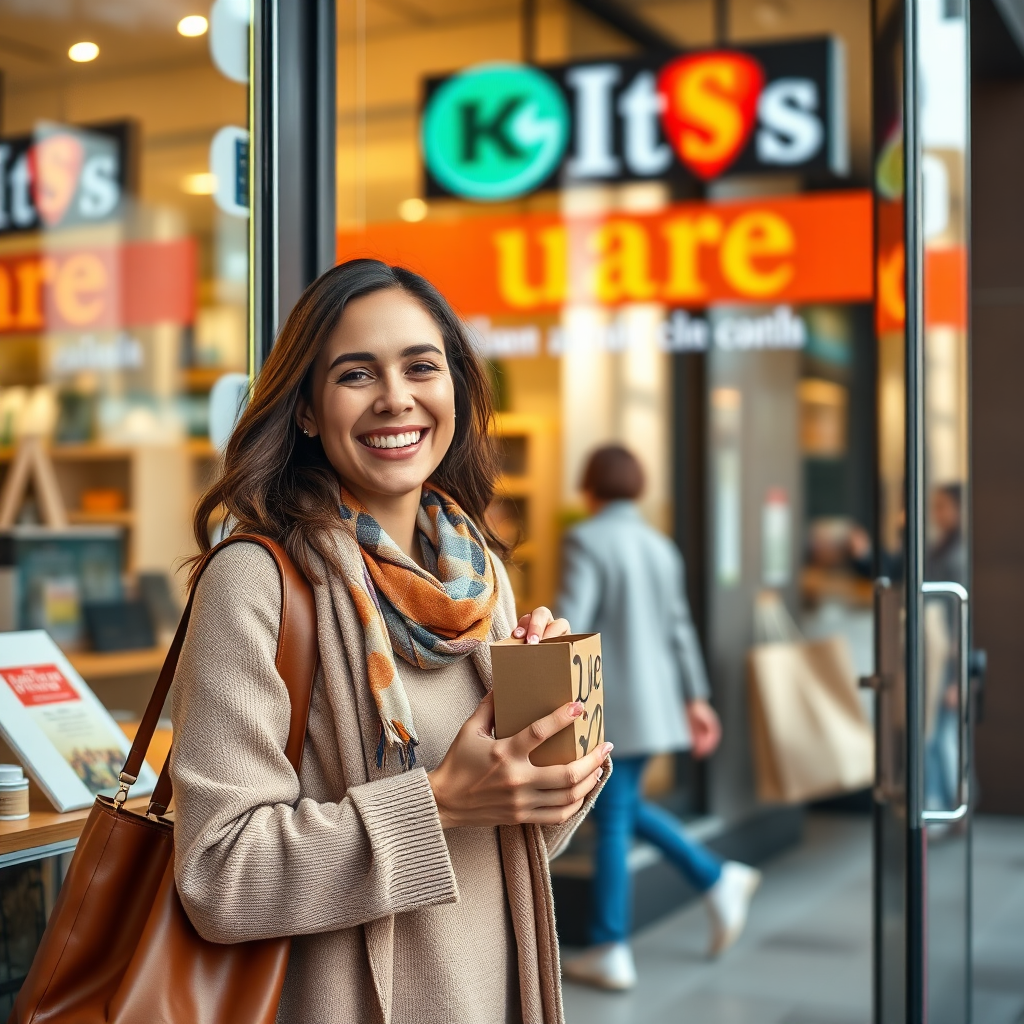A photorealistic image of a happy customer leaving the store with a purchase, with the store's signage visible in the background. The lighting should be natural and cheerful, with a color palette that's warm and welcoming. The camera angle should capture the customer's satisfaction and the store's inviting facade.