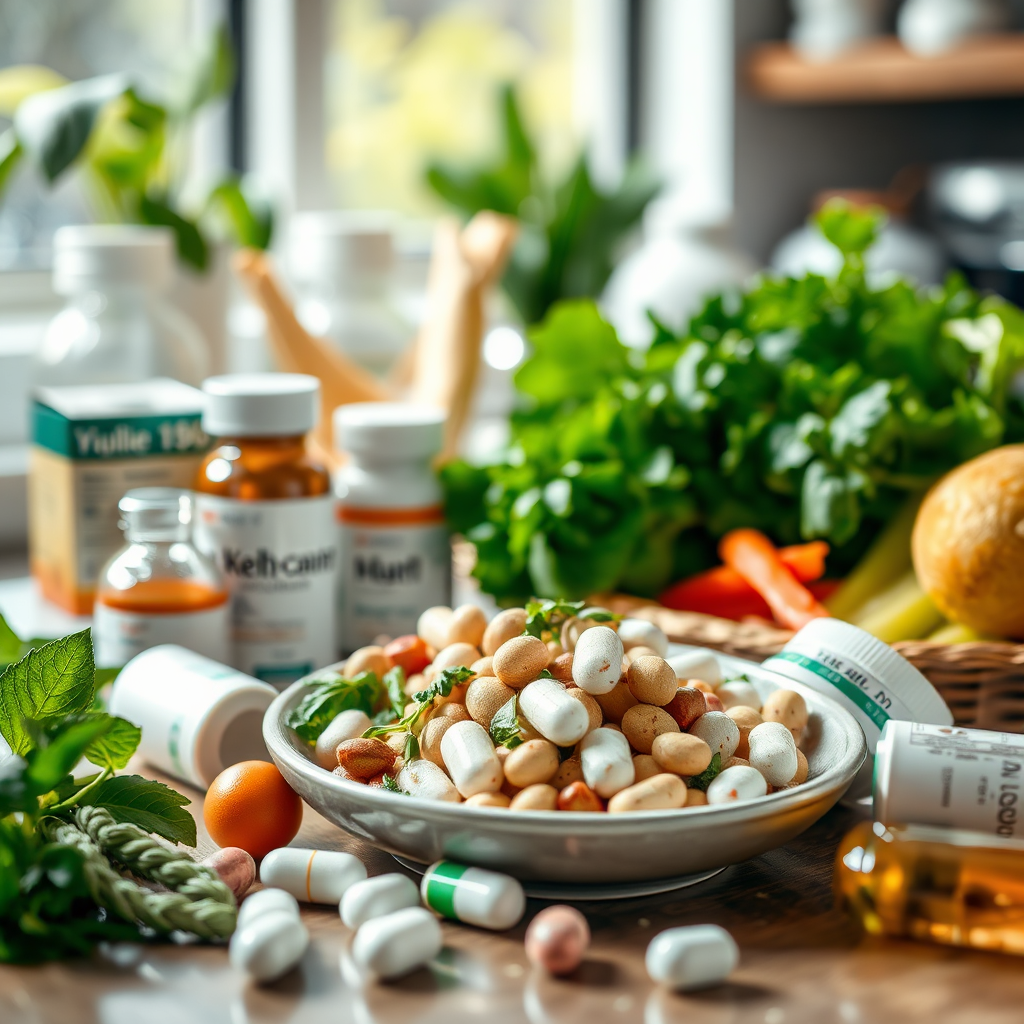 A photorealistic representation showcasing a well-balanced meal next to an array of pharmaceutical items. The composition focuses on the harmony of nutrition and medication, utilizing natural daylight to enhance freshness. The color palette is rich with natural greens and earthy tones. The angle captures a close-up of the meal and the medication, highlighting the detailed textures and colors of fresh ingredients. Style references lean towards a clinical yet welcoming kitchen environment. Technical specs are 4K resolution, high quality for impactful visual storytelling.