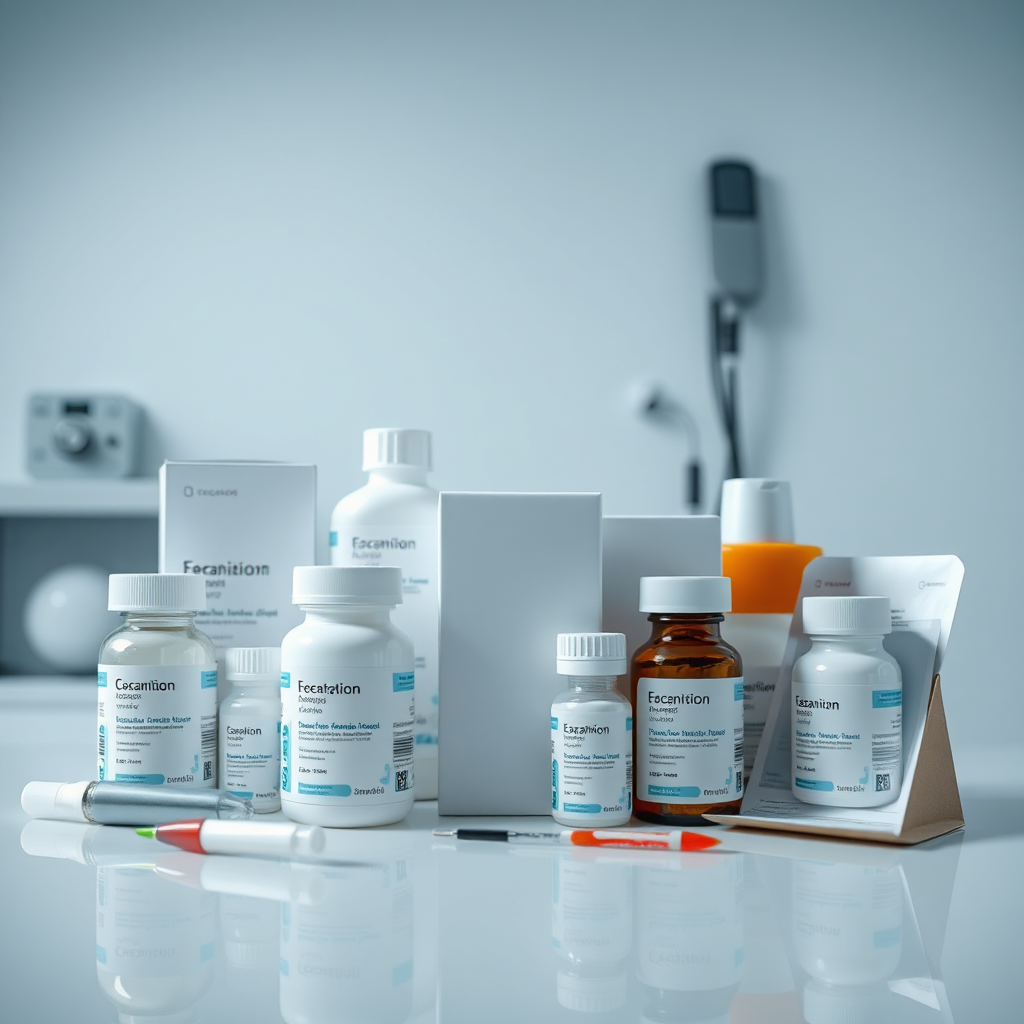 A professional image showing our pharmaceutical products arranged within a clinical setting, demonstrating trust and quality. The composition is crisp and clean, with bright, focused lighting highlighting the details of the packaging. The color palette is soothing, featuring whites and pastels to evoke a clinical environment. The camera angle is straight-on, emphasizing the structure of the products. Relevant props might include medical equipment and informational pamphlets. Technical specs are 4K resolution, high quality for a polished presentation.