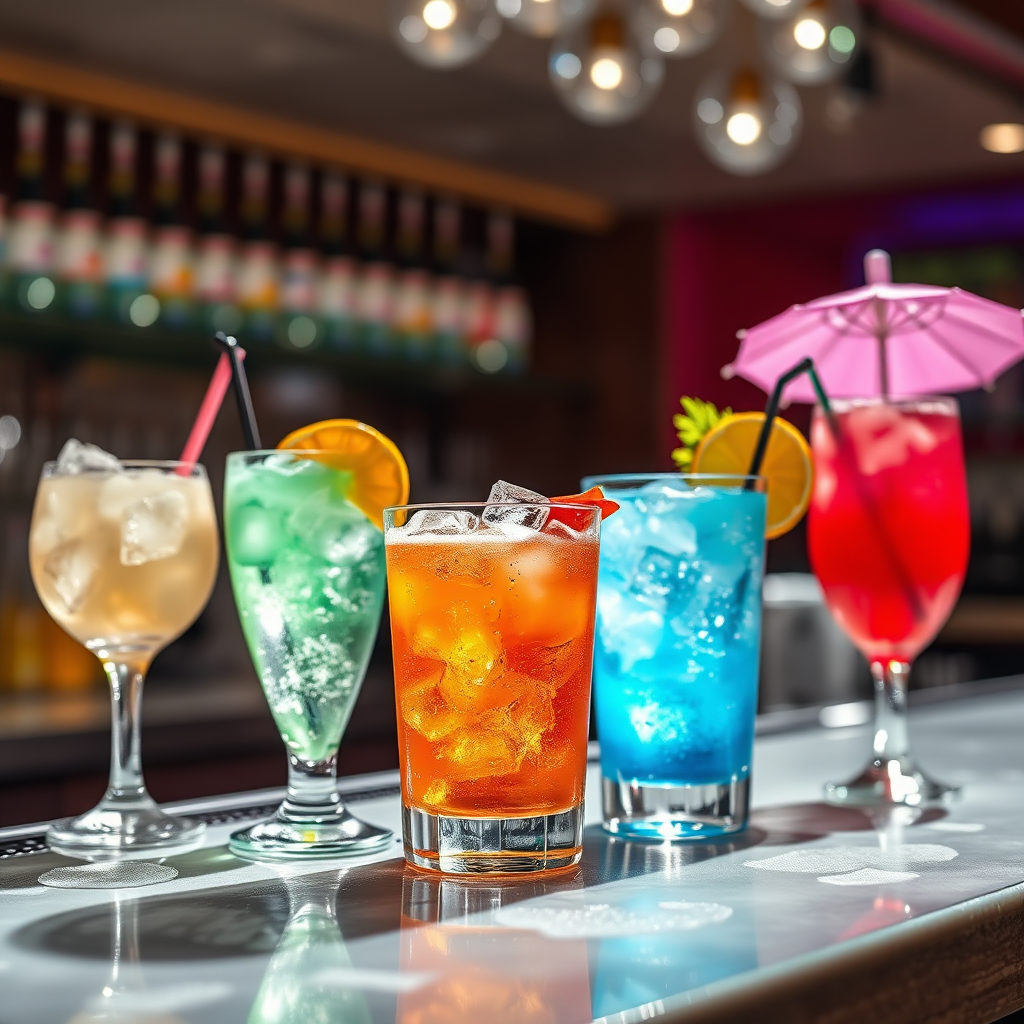 A striking image of our refreshing beverages, elegantly displayed on a chilled bar counter. The composition uses crystal-clear glassware to emphasize vibrant drink colors, enhanced by twinkling ice cubes catching the light. The lighting is bright and cheerful, creating an inviting atmosphere. The camera angle is side-on, providing a full view of the drink presentation. Relevant props might include fresh garnishes and stylish cocktail umbrellas, enhancing the appeal. Technical specs are 4K resolution, high quality to draw attention.