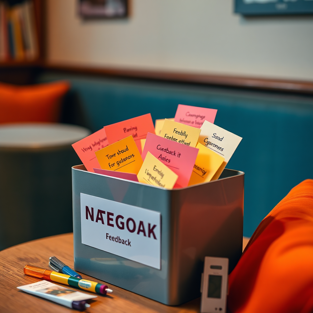 A stylish image of a feedback concept, featuring a suggestion box with colorful feedback notes in a cozy setting. The composition uses warm, inviting colors to encourage participation, highlighting diverse suggestions from customers. Soft lighting creates a relaxed environment, while the camera angle is slightly tilted to showcase the notes in detail. Relevant props may include pens and packets of promotional materials. Technical specs are 4K resolution, high quality for a warm, inviting interaction.