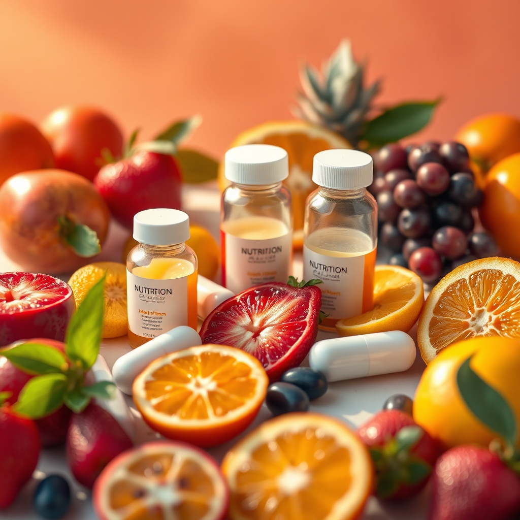 A stylish image of fluid content showing a range of nutrition-focused medications, with vibrant fruits surrounding them. The composition is innovative, utilizing a bright, inviting atmosphere enhanced by golden hour lighting. Colorful backgrounds emphasize the nutritional elements in both food and supplements. The focus is on a tabletop setting, viewed from an aerial angle to capture the combination of vibrant fruit and pharmaceuticals. Relevant props include small jars or containers of supplements. Technical specs are 4K resolution, high quality for clarity.