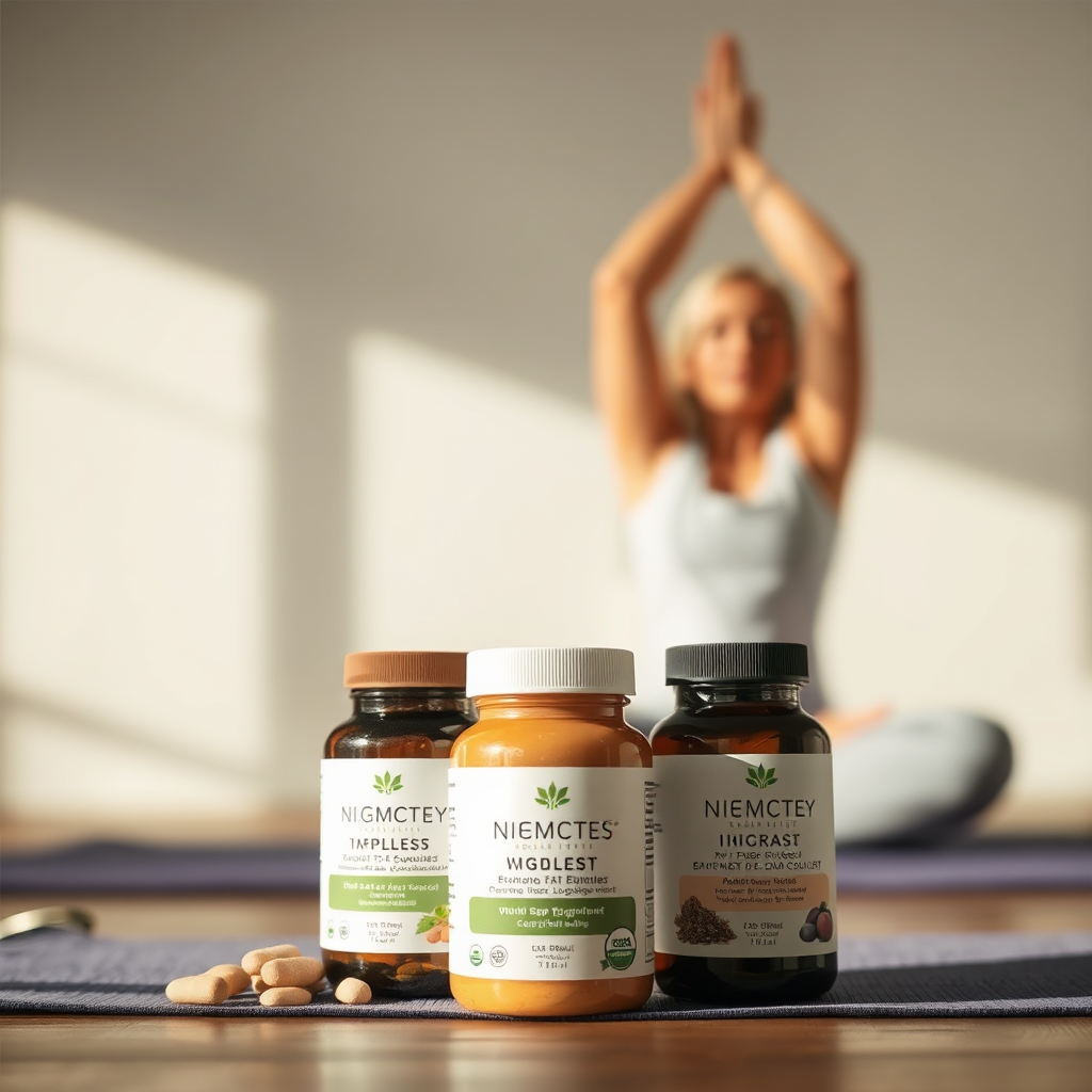 A stylized image depicting a person practicing yoga with our supplements in the foreground, symbolizing holistic health. The lighting should be soft and ethereal, with a color palette that's calming and natural. The camera angle should blend the activity with the products seamlessly.