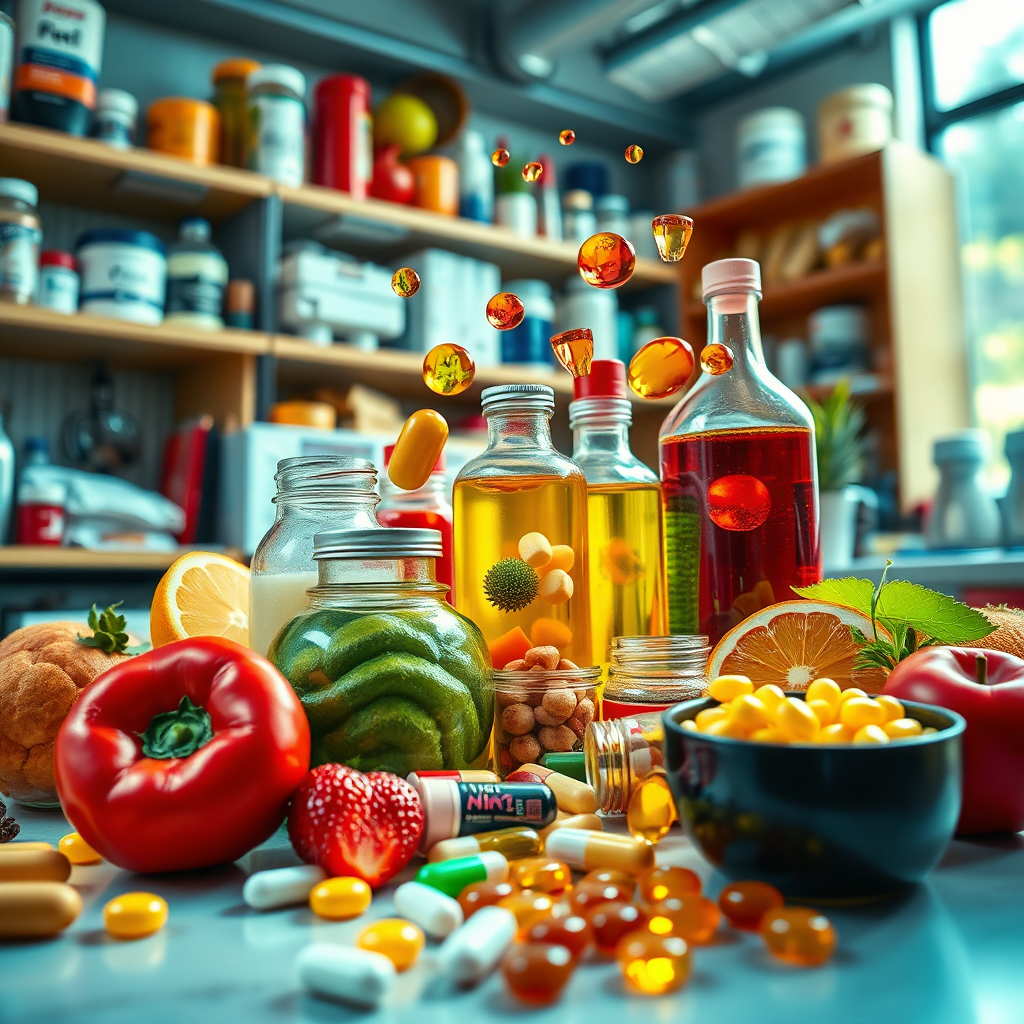 A stylized image depicting the fusion of food products and pharmaceuticals, featuring a dynamic overlay of colorful fruits, supplements, and beverages. The composition is vibrant, capturing the concept of synergy in a visually appealing way. Bright and contrasting colors like red, green, and gold create an eye-catching display. A low-angle camera view emphasizes the importance of these elements, surrounded by a workspace filled with health-related materials. The lighting is bright and cheerful, evoking a sense of optimism about nutrition and health. Technical specs are 4K resolution, high quality, for a captivating image.