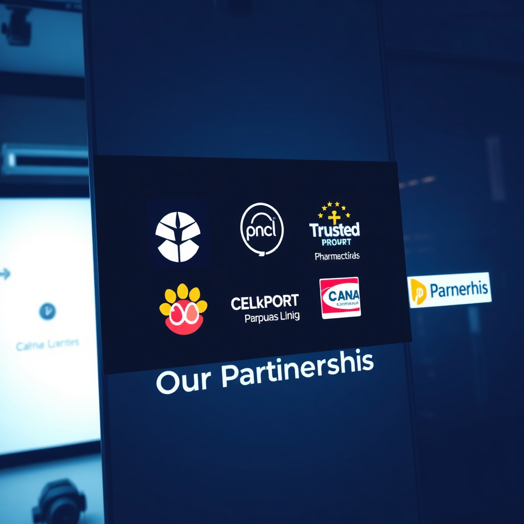 A stylized image featuring logos of trusted pharmaceutical brands displayed elegantly on a digital screen or wall, symbolizing our partnerships. The lighting should be dynamic, with a color palette that's professional and sleek. The camera angle should be straight-on to focus on the brand logos.