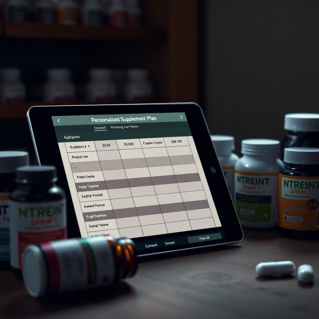 A stylized image of a digital tablet displaying a personalized supplement plan, with bottles of supplements arranged around it. The lighting should be focused and intimate, with a color palette that's personalized and warm. The camera angle should emphasize the customization aspect.