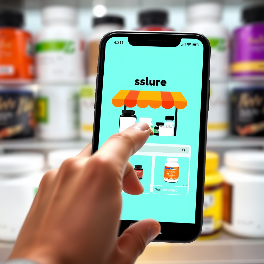 A stylized image of a hand clicking on a smartphone screen showing our online store, with supplement bottles in the background. The lighting should be modern and digital, with a color palette that's tech-savvy and bright. The camera angle should highlight the ease of online shopping.