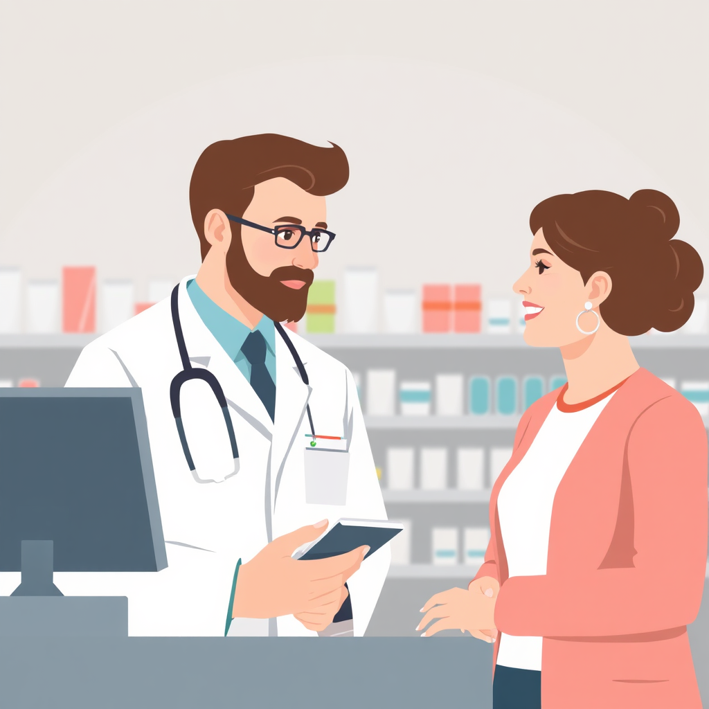 A stylized image of a pharmacist advising a customer, with a focus on the interaction and trust between them. The composition should highlight the pharmacist's expertise and the customer's satisfaction. Use a soft, focused lighting effect to draw attention to the figures, with a neutral background.
