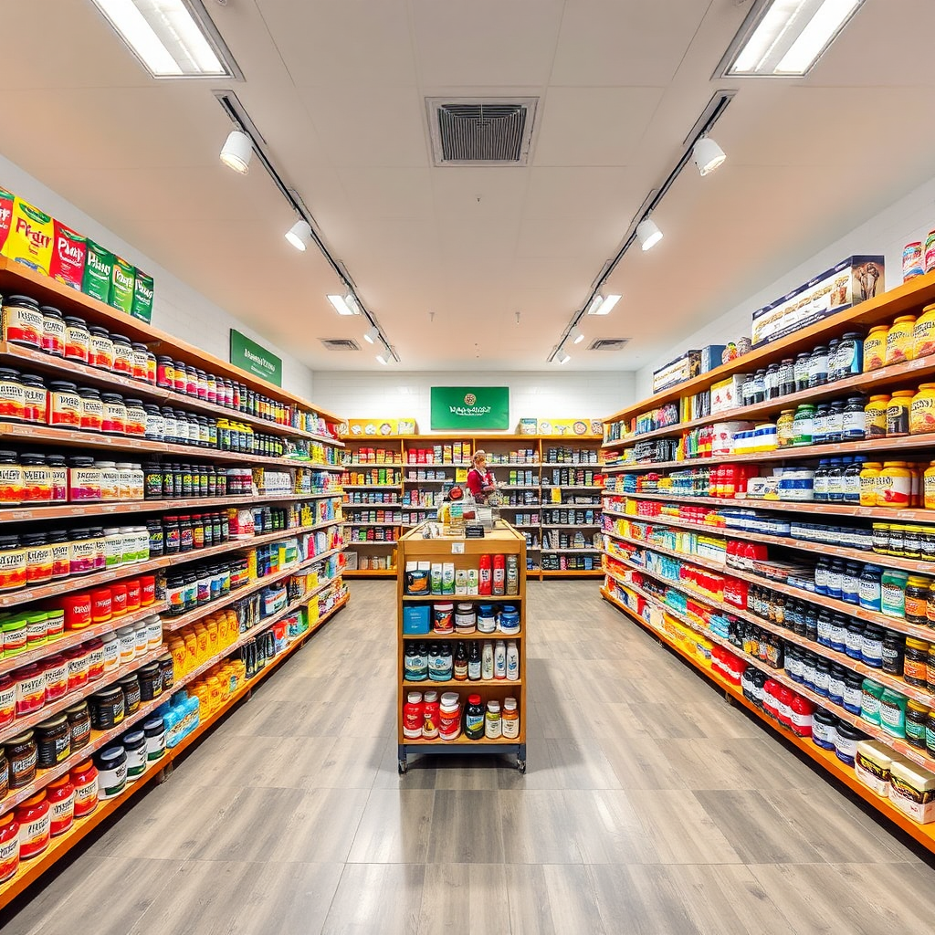 A wide-angle, photorealistic image of our supplement store's interior, showcasing the vast selection of products arranged by category. The lighting should be bright and even, with a color palette that's vibrant yet organized. The camera angle should provide a comprehensive view of the store's layout.