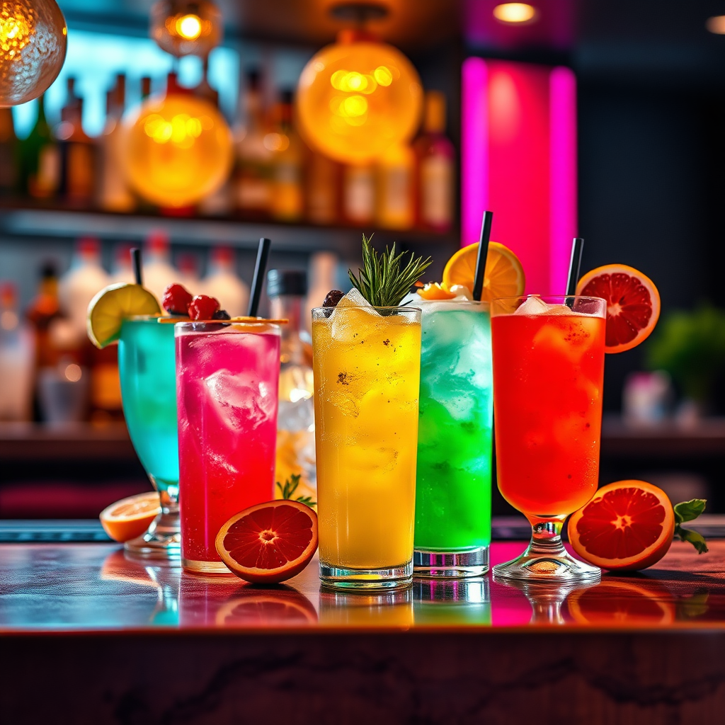 An engaging image showcasing vibrant beverage innovations, creatively arranged on a modern bar counter. The composition uses rich, colorful drinks with garnishes, lit by warm spotlighting that enhances the allure of each beverage. The color palette is lively, focusing on bright tones like turquoise and magenta. The camera angle is at eye level for an immersive experience, with textured close-ups of the beverage details. Relevant props may include cocktail shakers and fresh fruit garnishes, adding vibrancy. Technical specs are 4K resolution, high quality for captivating visual impact.