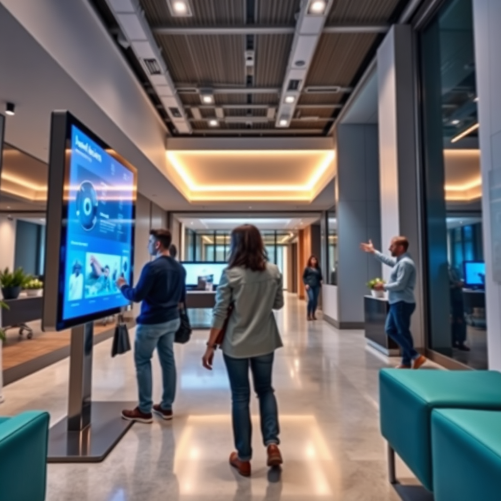An engaging image showing an interactive touchpoint for customers, set in a modern office lobby. The composition focuses on interactive screens allowing visitors to explore products. Bright lighting creates an energetic ambiance, while a modern color palette of blues and greens enhances the visual appeal. The camera angle is from a lower perspective, making the touchpoints prominent. Relevant props might include comfortable seating areas and promotional materials. Technical specs are 4K resolution, high quality for a dynamic customer experience.