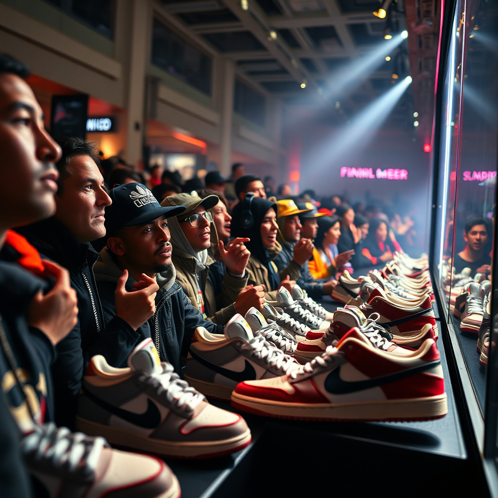A 4K photorealistic image capturing the excitement of an exclusive sneaker drop event, featuring a crowd of fashion enthusiasts eagerly waiting to purchase limited-edition sneakers. Focus on the energy and anticipation of the event, emphasizing the exclusivity and demand for the products. The lighting should be dynamic and vibrant, highlighting the excitement of the crowd and the limited-edition sneakers. The composition should capture the crowd's energy and the unique atmosphere of an exclusive drop event. The style should be inspired by event photography, capturing the essence of exclusive drops and their appeal to sneaker enthusiasts.
