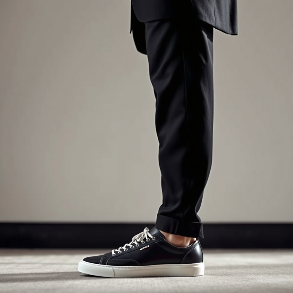 A 4K photorealistic image featuring a person dressed in a sophisticated, formal outfit (e.g., suit or elegant dress) paired with stylish sneakers. The composition should emphasize the contrast between the formal attire and the casual footwear, creating a bold and unexpected look. The lighting should be soft and diffused, highlighting the textures and details of both the outfit and the sneakers. The overall style should be reminiscent of a high-fashion editorial, blending classic elegance with contemporary flair. Capture the essence of styling sneakers for formal occasions with confidence and style.