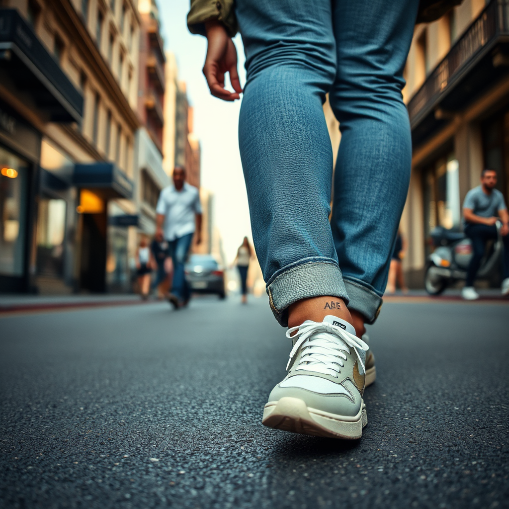 A 4K photorealistic image featuring a person casually strolling down a city street, wearing stylish sneakers and comfortable apparel. The scene captures a relaxed, urban vibe, with natural lighting creating a warm and inviting atmosphere. Focus on the sneakers as a key element of the outfit, highlighting their comfort and style. The composition should balance the person's attire with the urban environment, emphasizing how sneakers seamlessly blend comfort and fashion. The style should be inspired by everyday fashion photography, capturing the ease and accessibility of wearing sneakers.