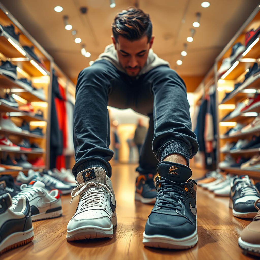 A 4K photorealistic image featuring a person trying on different styles of sneakers in a well-lit retail setting. Focus on the variety of sneaker designs and the process of selecting the perfect pair. The lighting should be warm and inviting, highlighting the textures and details of the sneakers. The composition should capture the person's expression as they evaluate the fit and style of each pair, creating a relatable and engaging scene. The overall style should be inspired by retail photography, emphasizing the importance of finding the perfect fit and style when choosing sneakers.