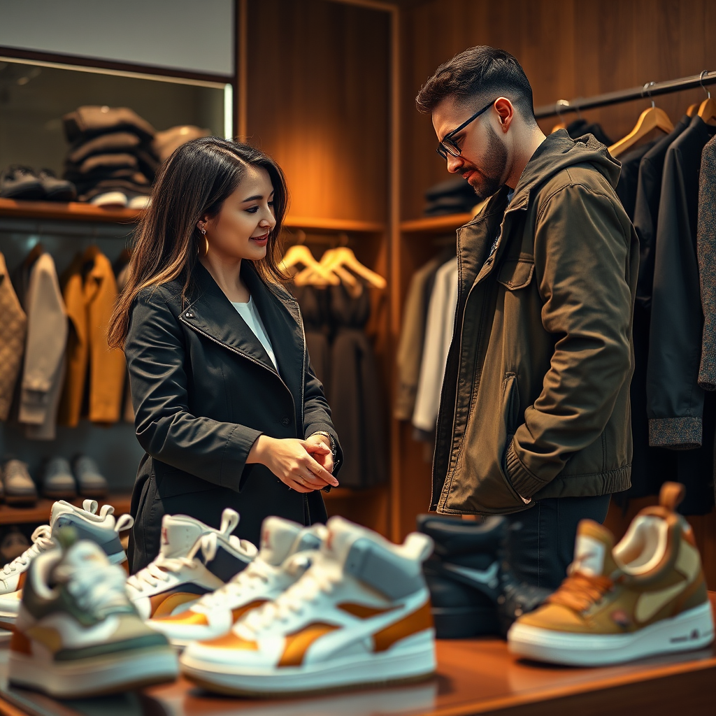 A 4K photorealistic image of a personal stylist assisting a client in a fashion-forward setting, showcasing a curated selection of sneakers and apparel. Focus on the interaction between the stylist and the client, emphasizing their collaboration and the personalized styling experience. The lighting should be warm and inviting, highlighting the textures and details of the fashion items. The composition should balance the stylist, the client, and the curated collection, creating a sense of luxury and exclusivity. The style should be inspired by high-end retail photography, capturing the essence of personal styling services.