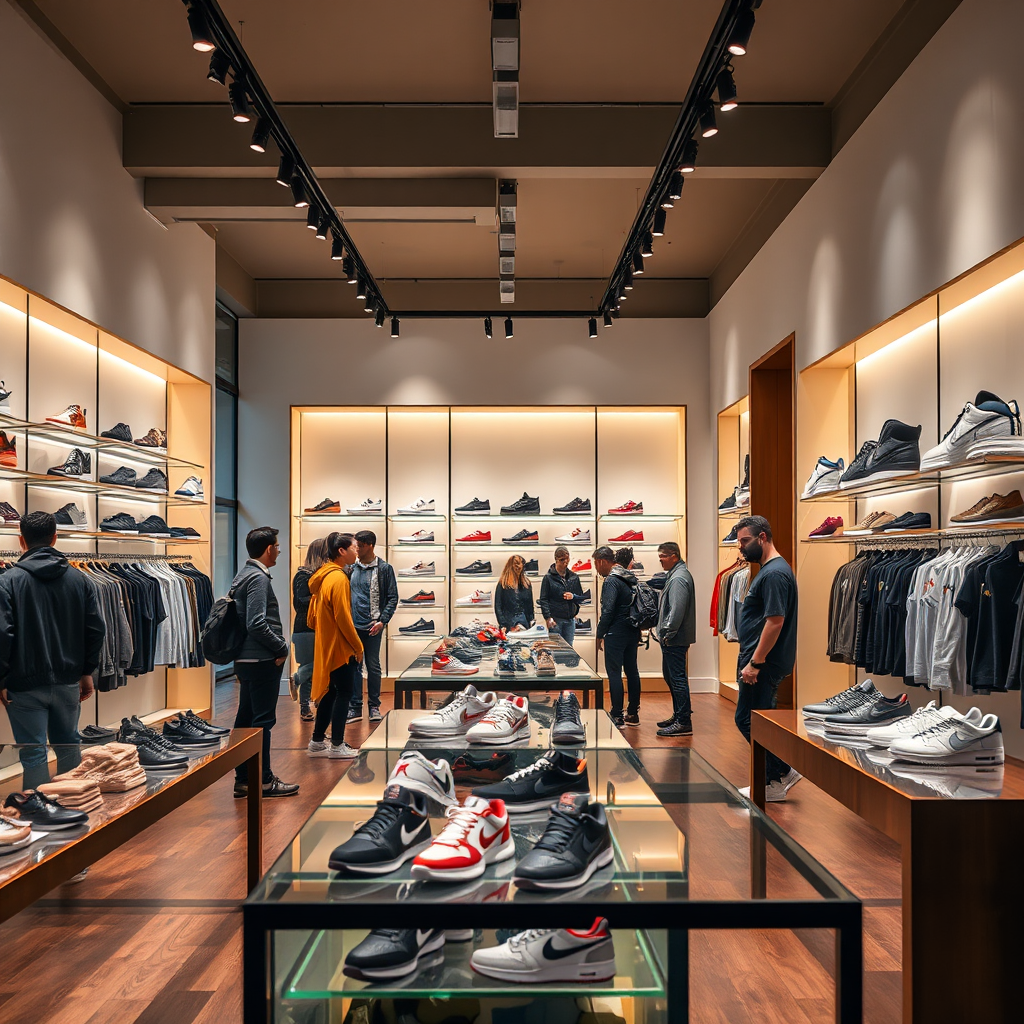 A 4K resolution photograph showcasing the interior of Immaculate, a modern and stylish retail space. Focus on the displays of sneakers and apparel, emphasizing their arrangement and presentation. The composition should feature diverse models browsing the collections, creating a vibrant and engaging atmosphere. Lighting should be warm and inviting, highlighting the premium quality of the products and the store's overall aesthetic. Camera angle should be from a customer's perspective, capturing the essence of the shopping experience. Include architectural details, such as clean lines, minimalist design, and tasteful accents. The style should be inspired by high-end retail photography, conveying a sense of sophistication, exclusivity, and impeccable taste.
