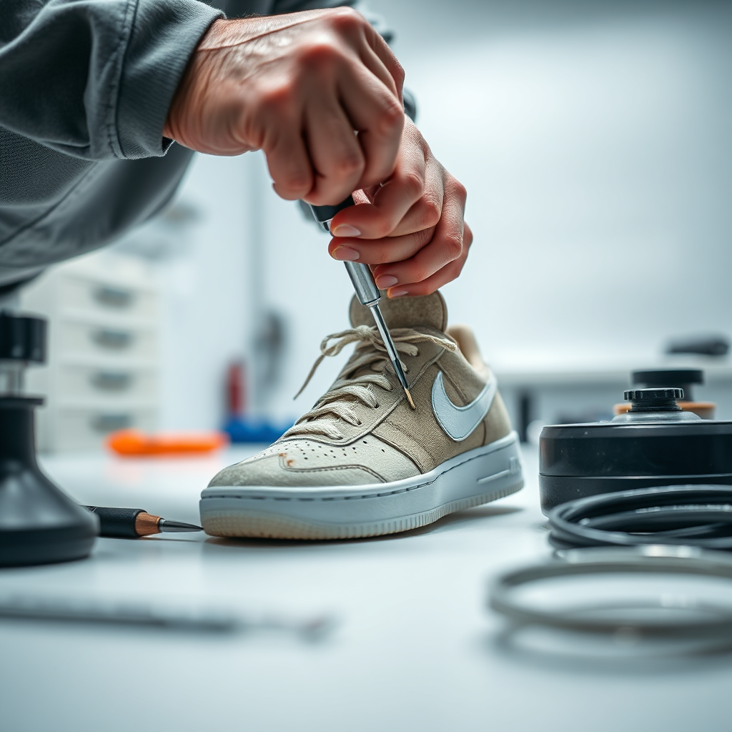A close-up, photorealistic shot of a skilled technician meticulously restoring a pair of worn sneakers in a clean, professional workspace in 4K resolution. Focus on the technician's hands and the restoration tools, emphasizing the precision and care involved in the process. The lighting should be bright and even, highlighting the details of the sneaker's restoration. The composition should isolate the technician and the sneaker, drawing attention to the expertise and craftsmanship involved. The overall style should be inspired by product photography, capturing the essence of sneaker restoration services and their ability to revitalize beloved sneakers.