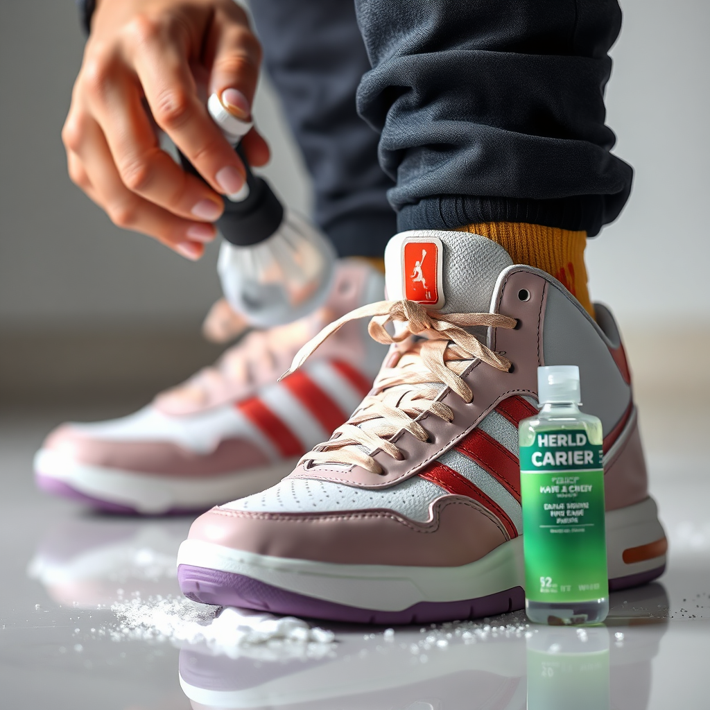 A close-up, photorealistic shot of a person cleaning a pair of sneakers with professional cleaning supplies in 4K resolution. Focus on the details of the cleaning process, highlighting the tools and techniques used to maintain the sneaker's appearance. The lighting should be bright and even, emphasizing the cleanliness and care being applied. The composition should isolate the sneaker and the cleaning process, drawing attention to the importance of proper maintenance. The overall style should be inspired by product photography, capturing the essence of sneaker care and its role in preserving style and value.