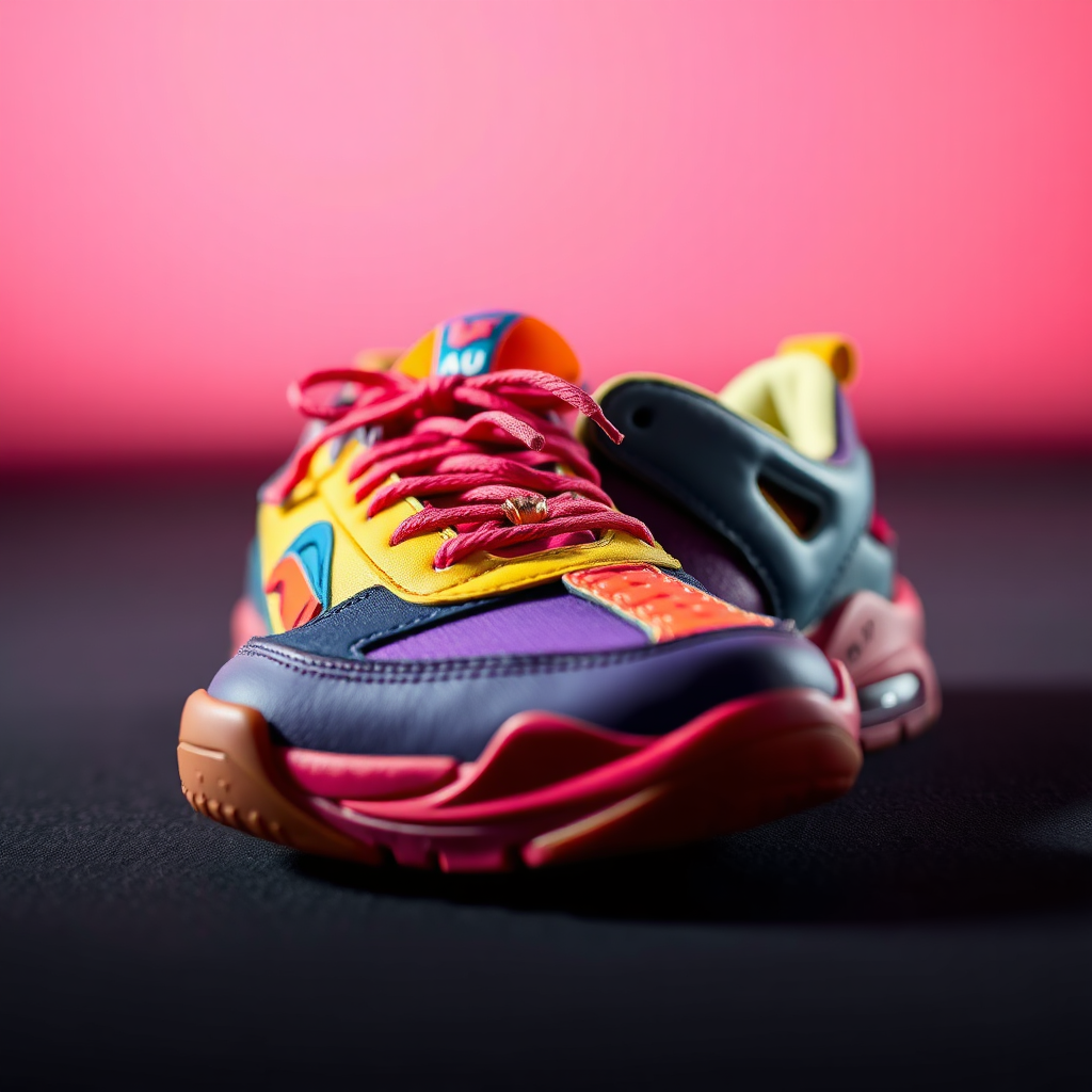 A close-up, photorealistic shot of a pair of vibrant, statement sneakers with bold colors and unique designs, set against a minimalist background in 4K resolution. Focus on the details of the sneaker's construction, textures, and embellishments, highlighting its distinctive style. The lighting should be dramatic, creating strong contrasts and emphasizing the sneaker's striking appearance. The composition should isolate the sneakers, drawing attention to their unique design and artistic expression. The overall style should be inspired by high-end sneaker photography, capturing the essence of statement sneakers as a fashion statement.