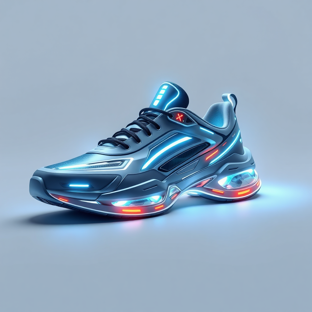 A futuristic, stylized image of a technologically advanced sneaker prototype, rendered in 4K resolution. The design should incorporate sleek lines, innovative materials, and futuristic elements, such as LED lighting or holographic displays. The lighting should be dynamic, creating a sense of energy and innovation. The composition should emphasize the sneaker's futuristic design and technological features, highlighting its potential to revolutionize the industry. The overall style should be inspired by science fiction and futuristic design, capturing the essence of the future of sneakers.