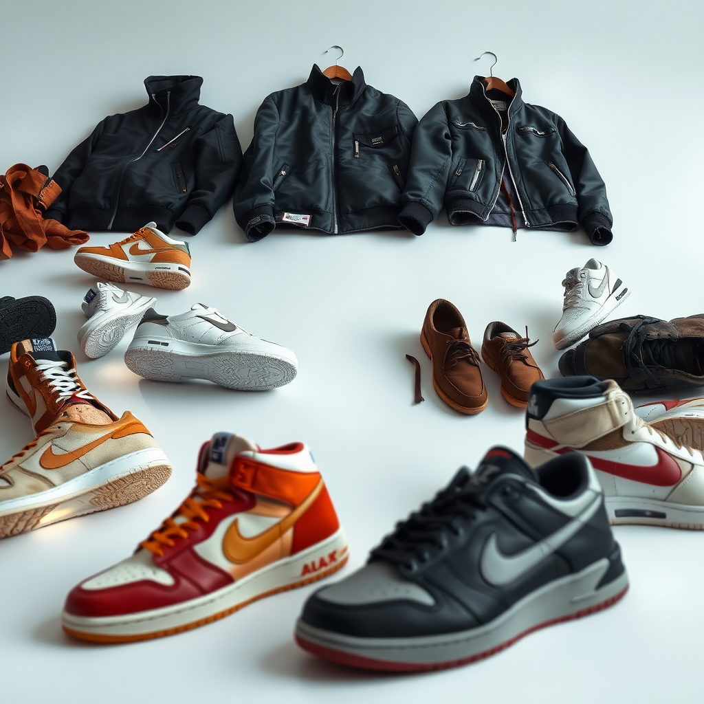 A hyperrealistic, 8K resolution photograph showcasing a diverse range of high-end sneakers and stylish clothing. The composition features a dynamic arrangement of footwear, apparel, and accessories, artfully placed against a clean, modern backdrop. Focus on the textures of leather, suede, and fabrics, with meticulous detail on stitching and design elements. Lighting should be soft and diffused, highlighting the vibrant colors and subtle nuances of each item. The camera angle should be slightly low, emphasizing the power and elegance of the fashion pieces. Include a subtle sense of movement, as if a model is about to step into frame. The style should be reminiscent of high-fashion editorial photography, with a focus on aspirational aesthetics. The overall feel should be luxurious, contemporary, and inviting, capturing the essence of Immaculate as a premier destination for fashion and sneakers.