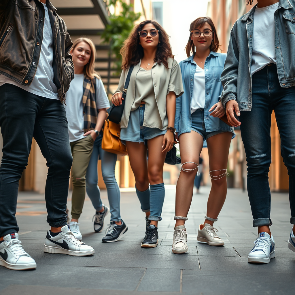 A photorealistic image in 4K showing a group of friends casually dressed, each wearing stylish sneakers and relaxed attire. The scene captures a vibrant, urban setting, with natural lighting creating a warm and inviting atmosphere. Focus on the diversity of sneaker styles and outfits, highlighting how sneakers can be styled for everyday casual looks. The composition should balance the group dynamic with the urban environment, emphasizing the effortless style and comfort that sneakers provide. The style should be inspired by street style photography, capturing the essence of casual cool.