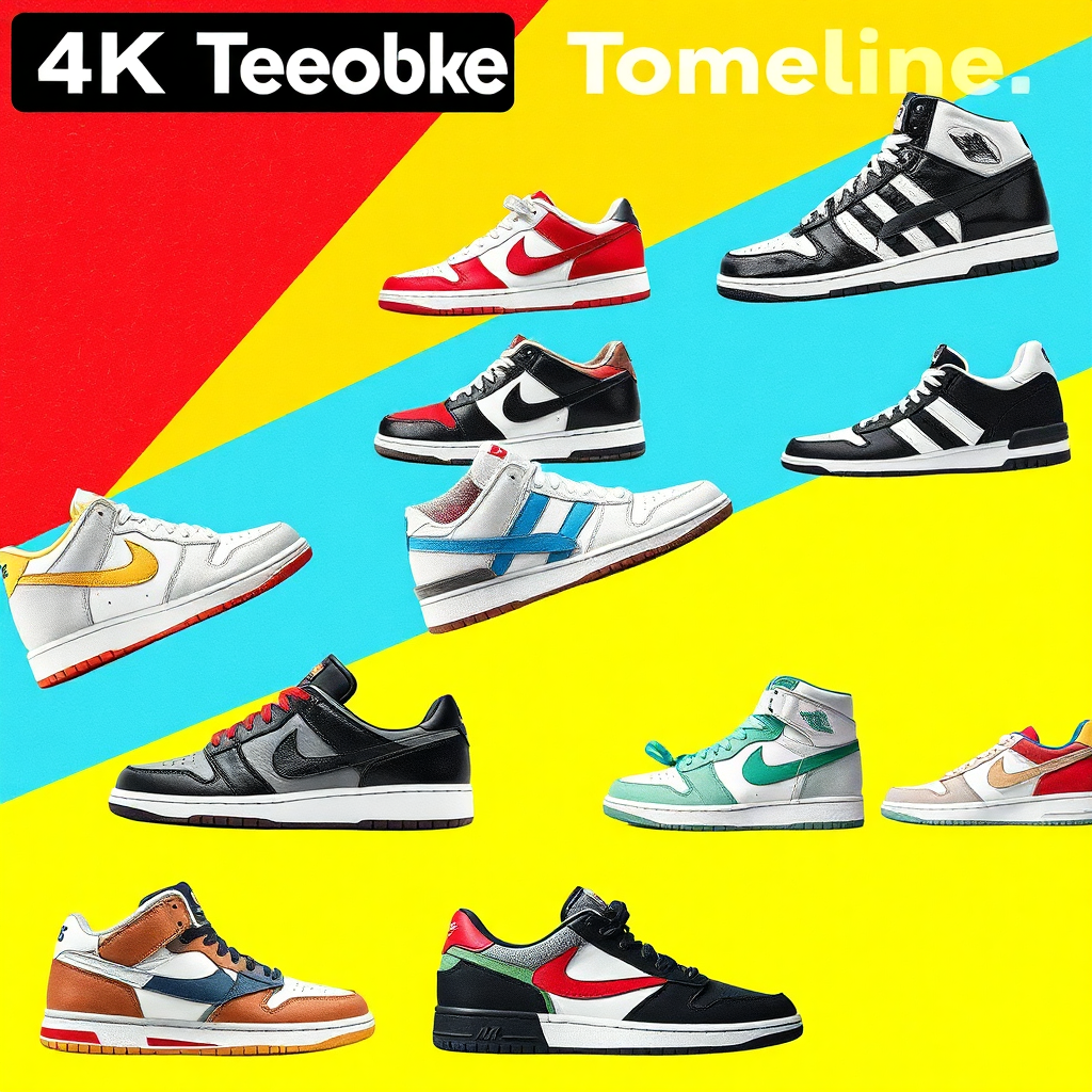 A stylized collage image in 4K resolution showcasing a timeline of iconic sneaker designs from different eras. The composition should feature a mix of vintage and modern sneakers, arranged in a visually appealing and informative way. The style should be inspired by pop art and graphic design, with bold colors, clean lines, and geometric shapes. The lighting should be bright and even, highlighting the evolution of sneaker design over time. The overall feel should be nostalgic, educational, and visually engaging, capturing the cultural significance of sneakers as a fashion staple.